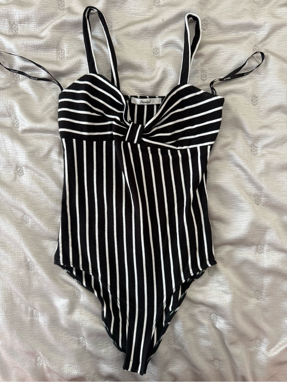 Papaya Black and White Striped Bodysuit with Front Tag Detail